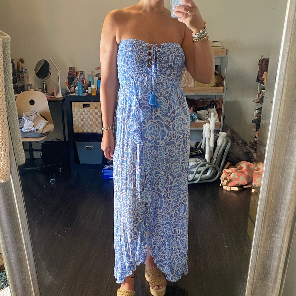 Strapless floral blue dress. Offers welcome!
